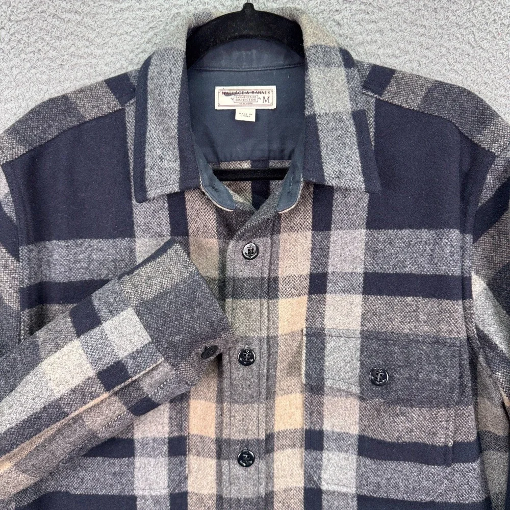 Wallace & Barnes Shacket Mens M Blue Gray Plaid Wool Blend Rugged‎ Outdoor Work